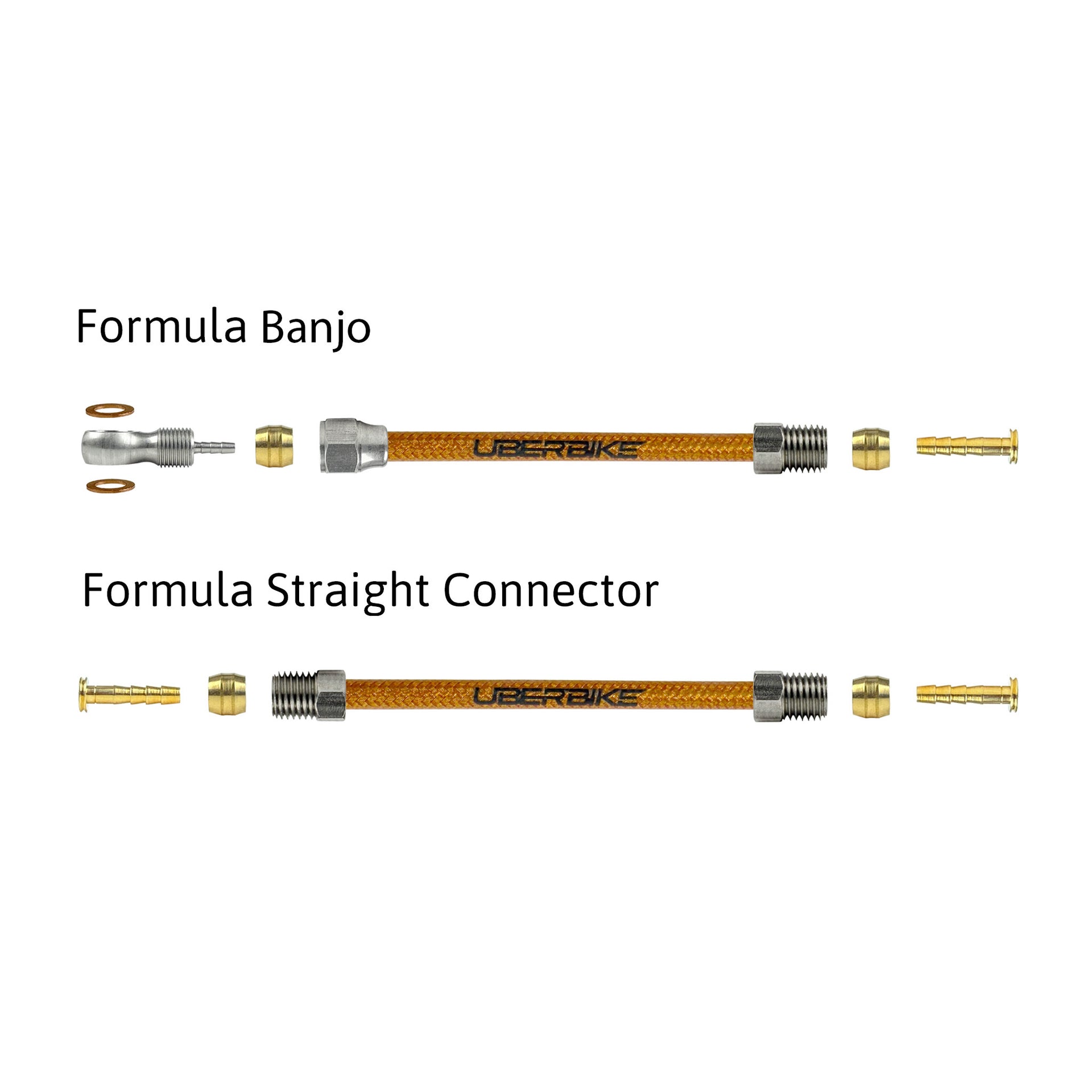 a diagram showing all the brake fittings for formula kevlar braid hydraulic brake hose kits on a white background