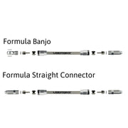 a diagram showing formula aluminium banjo and straight connector fittings for stainless braid hydraulic hose on a white background