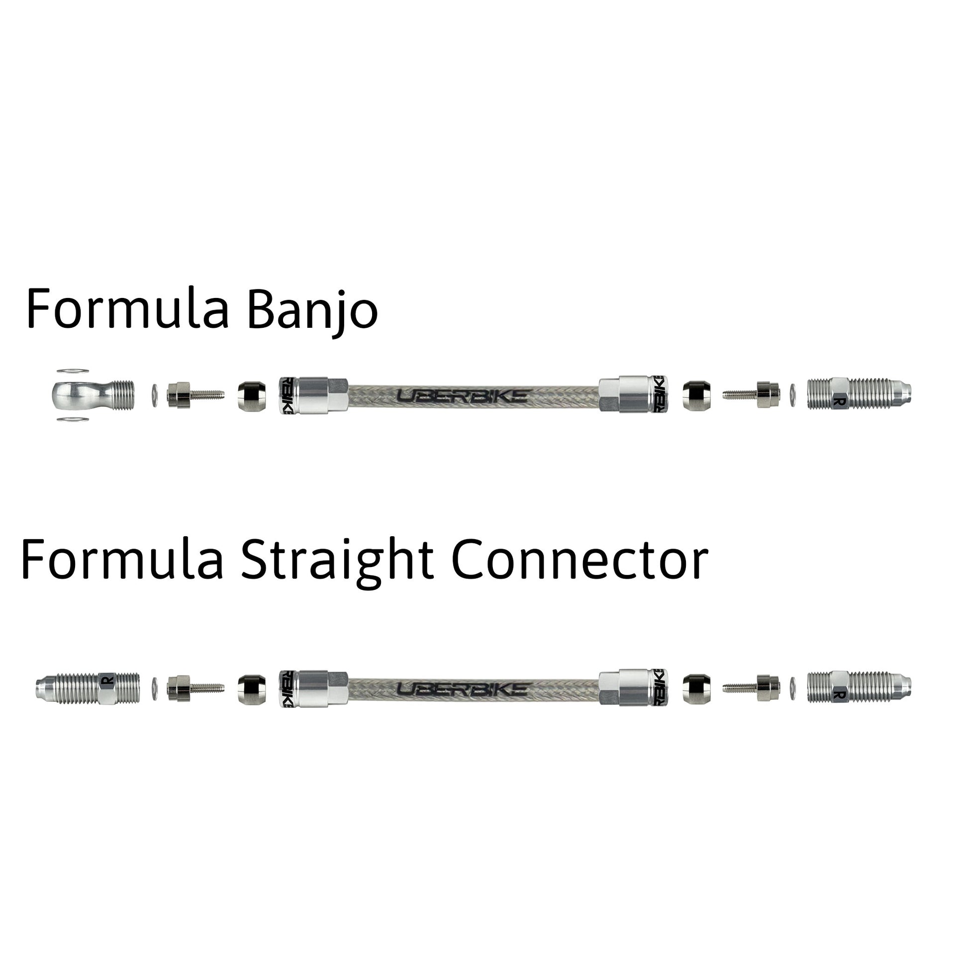 a diagram showing formula aluminium banjo and straight connector fittings for stainless braid hydraulic hose on a white background