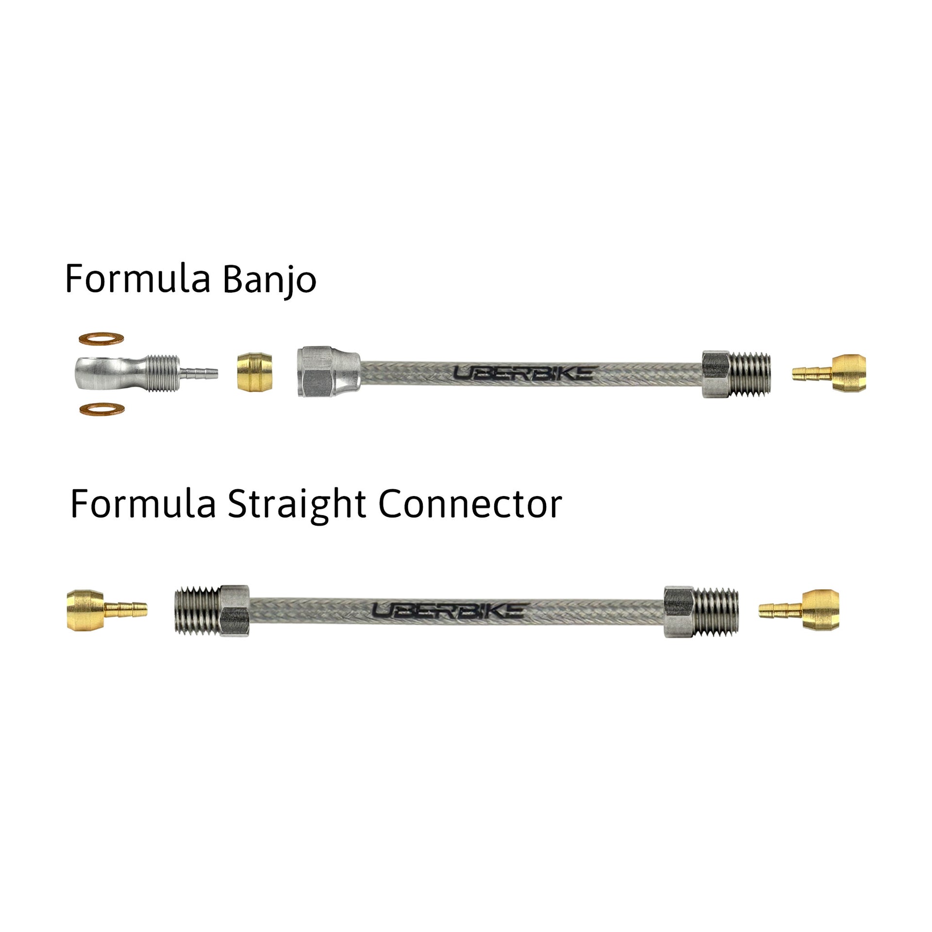 a diagram showing all the brake fittings for formula stainless braid hydraulic brake hose kits on a white background
