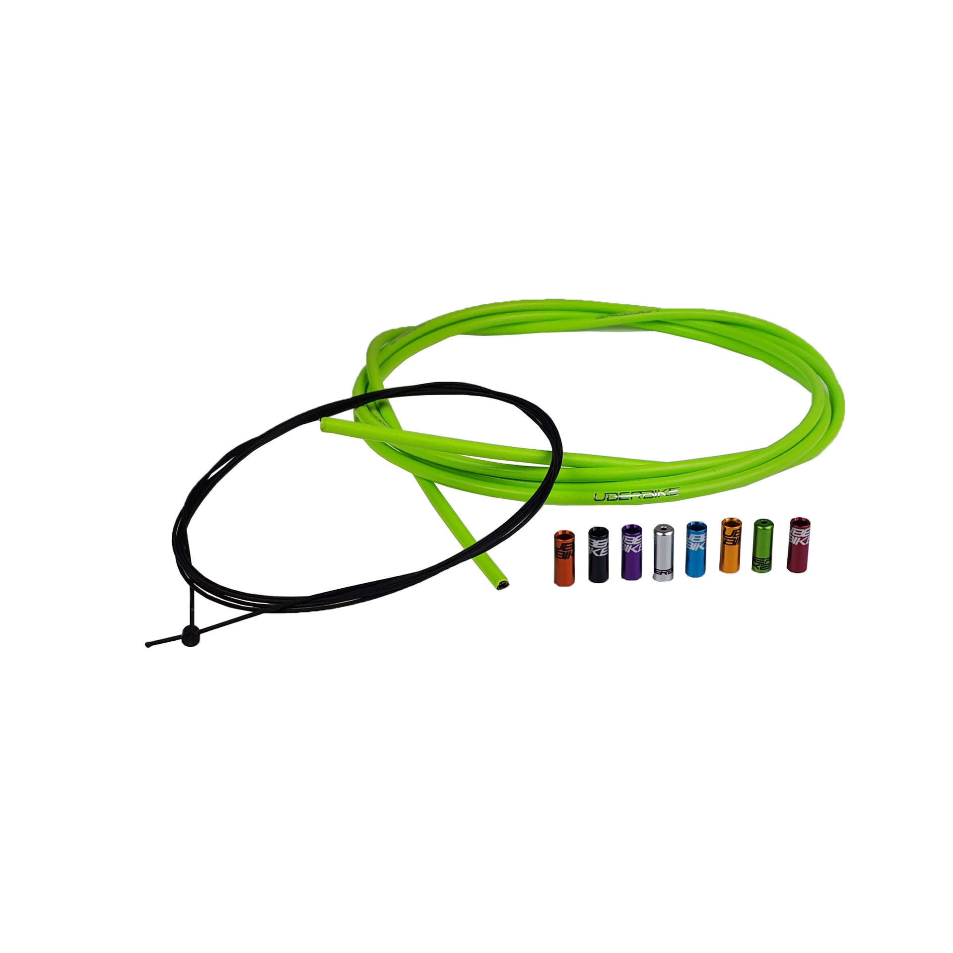 green bicycle gear cable kit with different coloured sealed ferrules on a white background