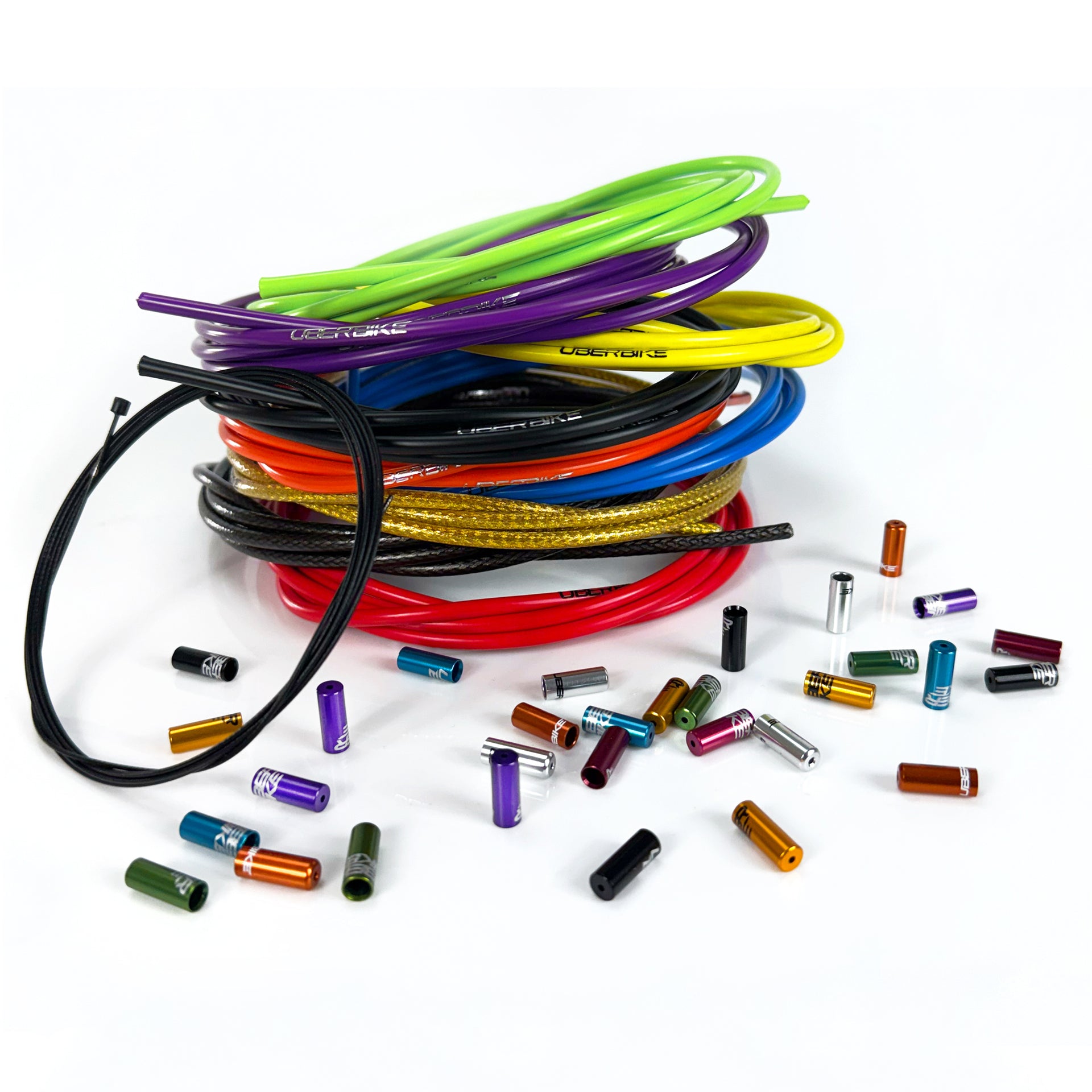 9 different colour gear cable with various coloured ferrules on a white background