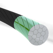 Close-up of inside a gear cable with black, green, and gray layers on a white background