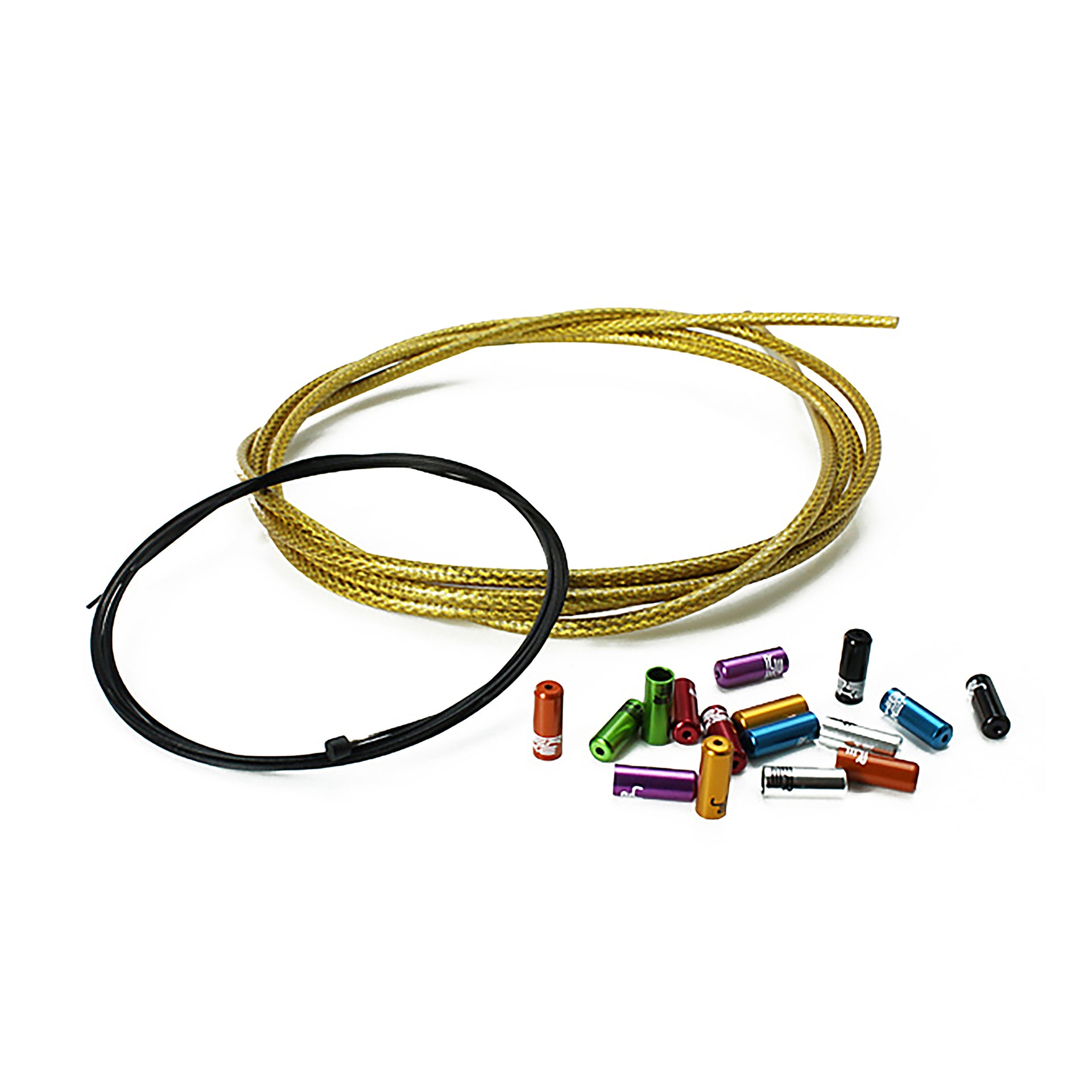 gold braid gear cable with several sealed ferrules on a white background