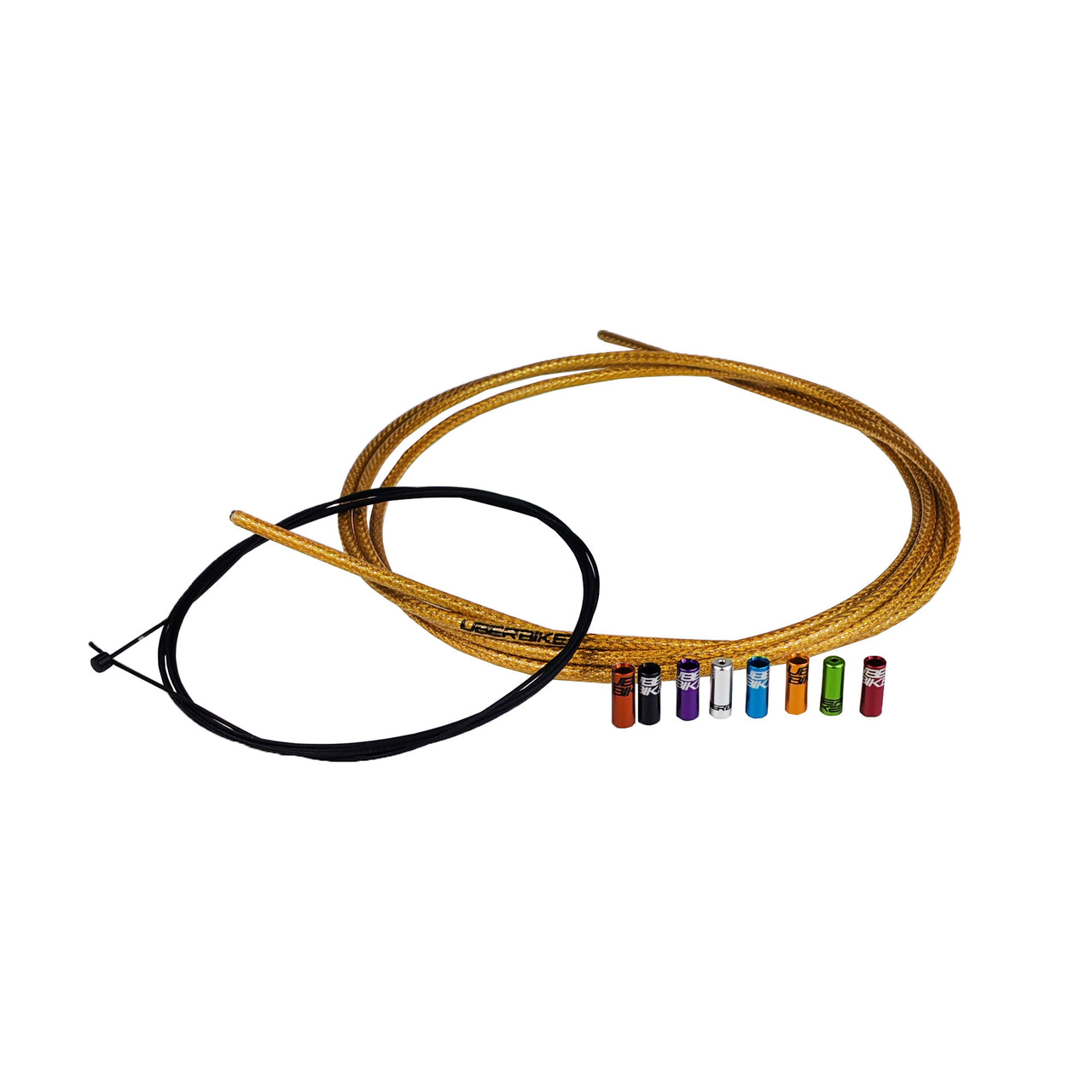 gold gear cable kit with different coloured sealed ferrules on a white background