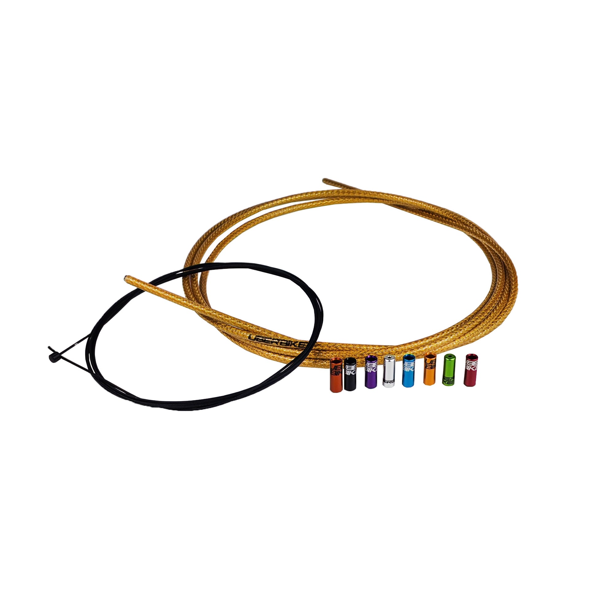 gold gear cable kit with different coloured sealed ferrules on a white background