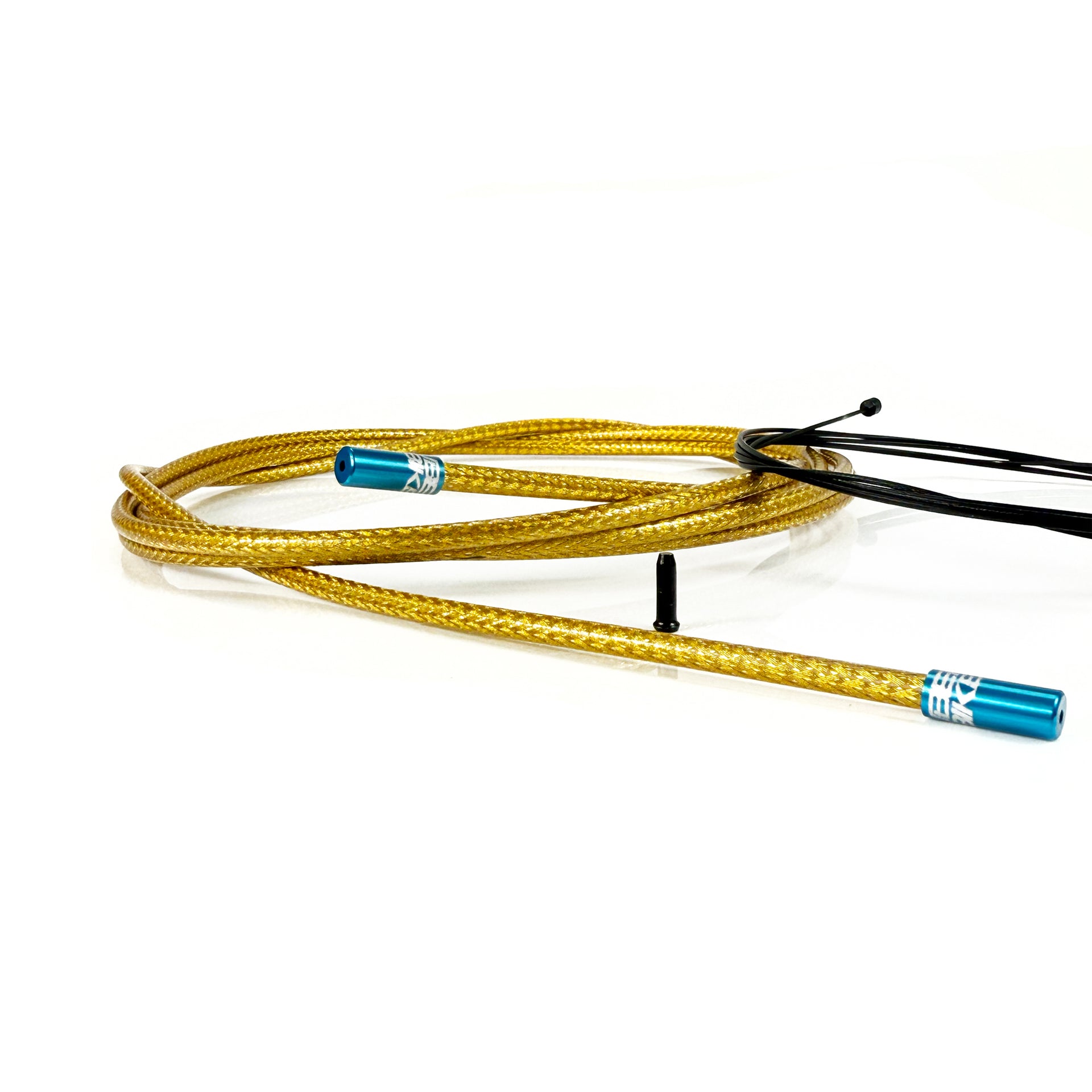gold braid gear cable with blue sealed ferrules on a white background