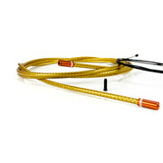 gold braid gear cable with orange sealed ferrules on a white background