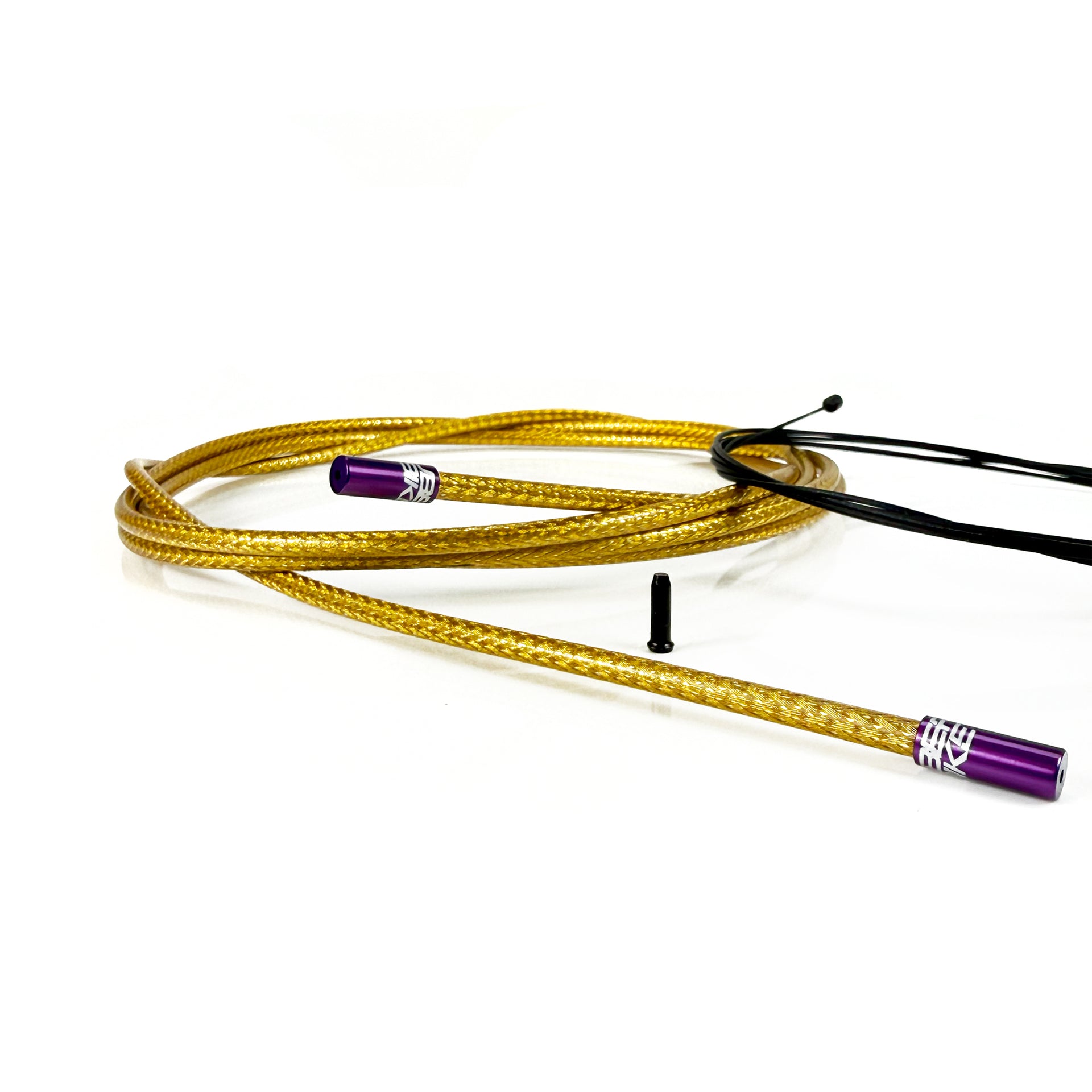 gold braid gear cable with purple sealed ferrules on a white background