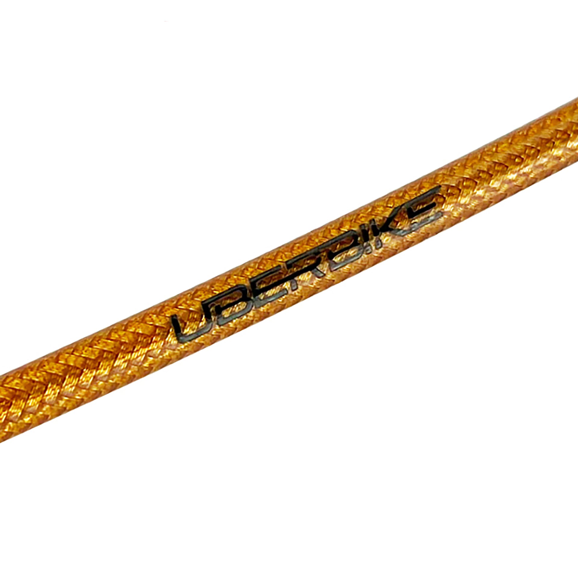 Gold braid hydraulic kevlar shimano XTR brake hose with uberbike branding on a white background