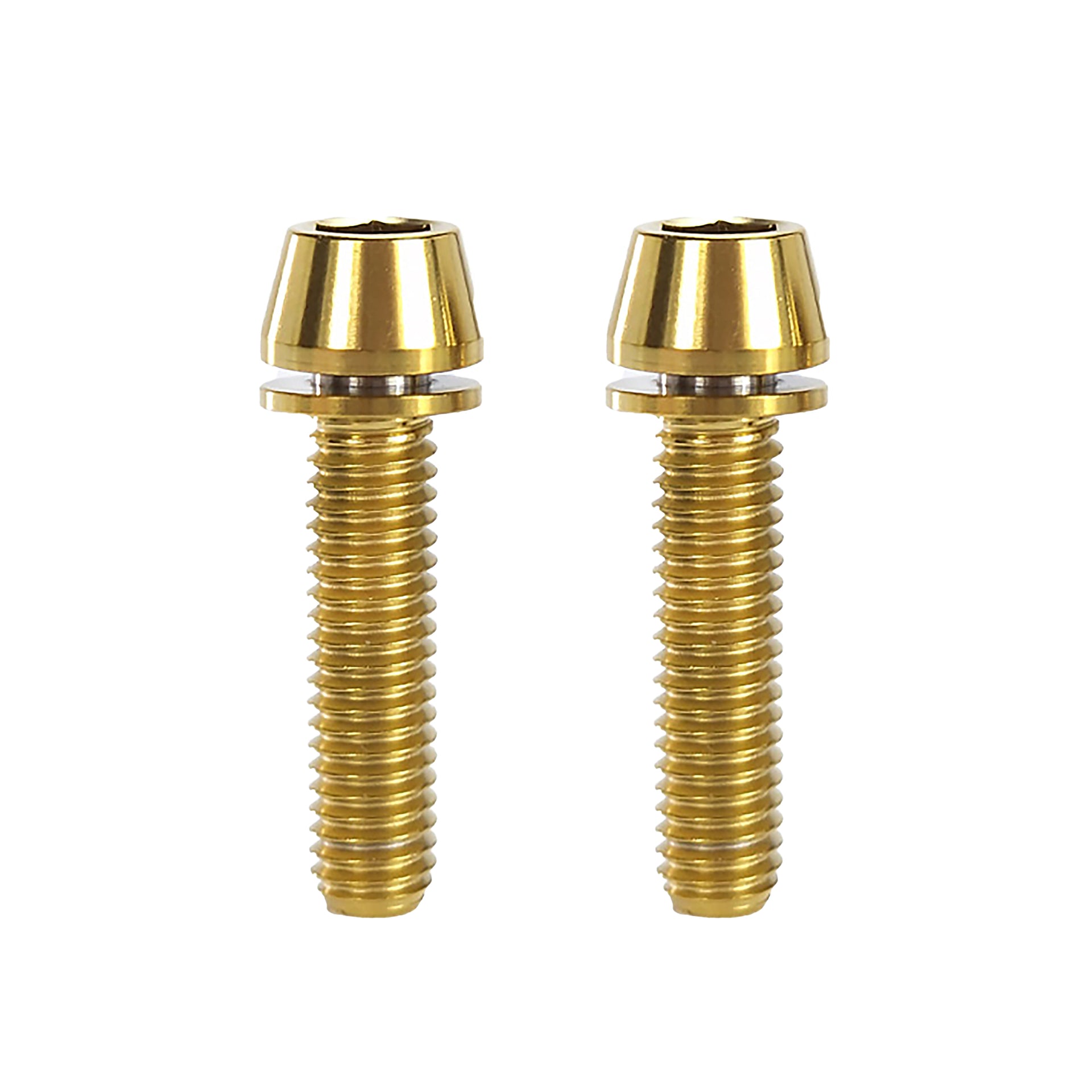 2 gold m6x25 taperhead  titanium bolts on a white background