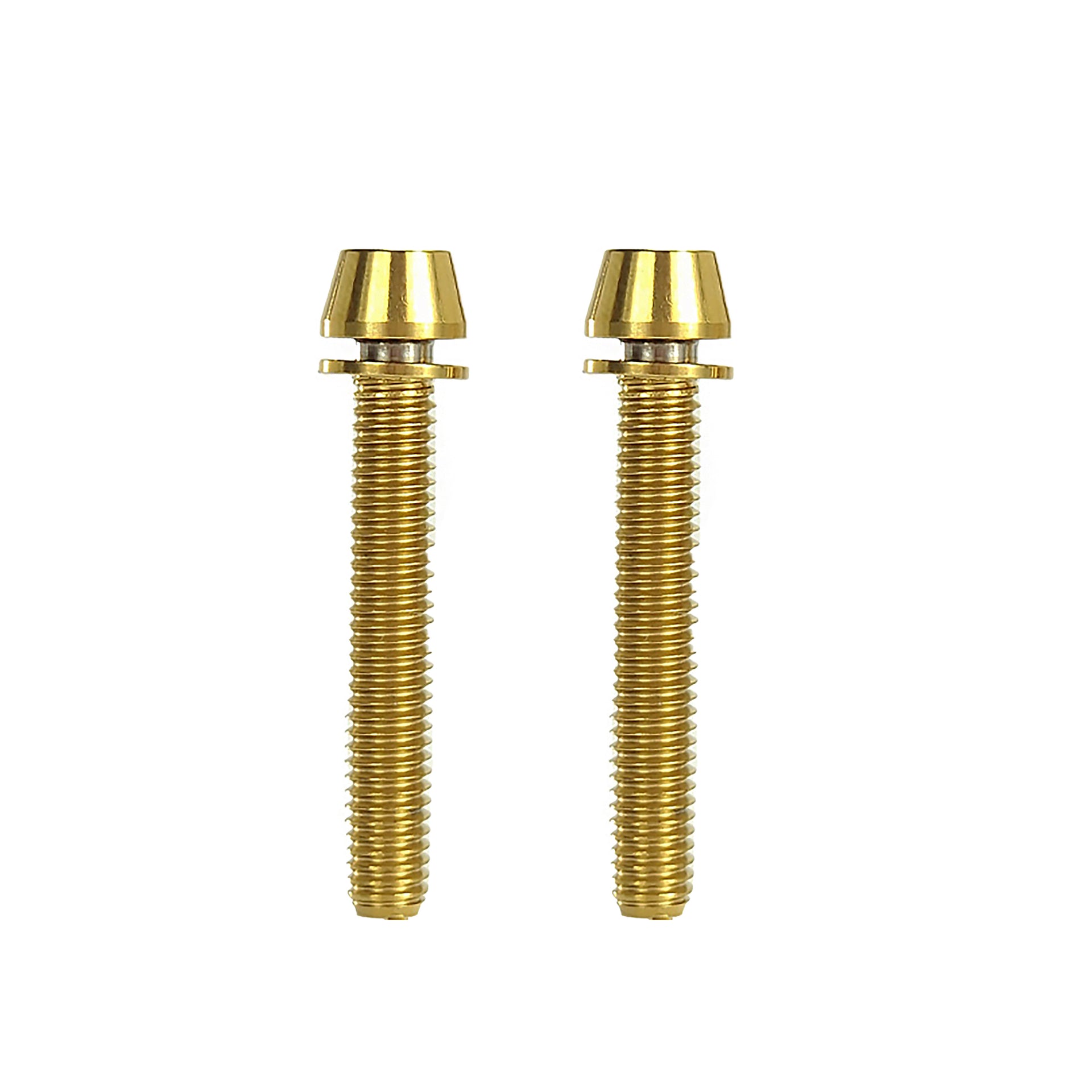 2 gold m6x42 taperhead  titanium bolts on a white background