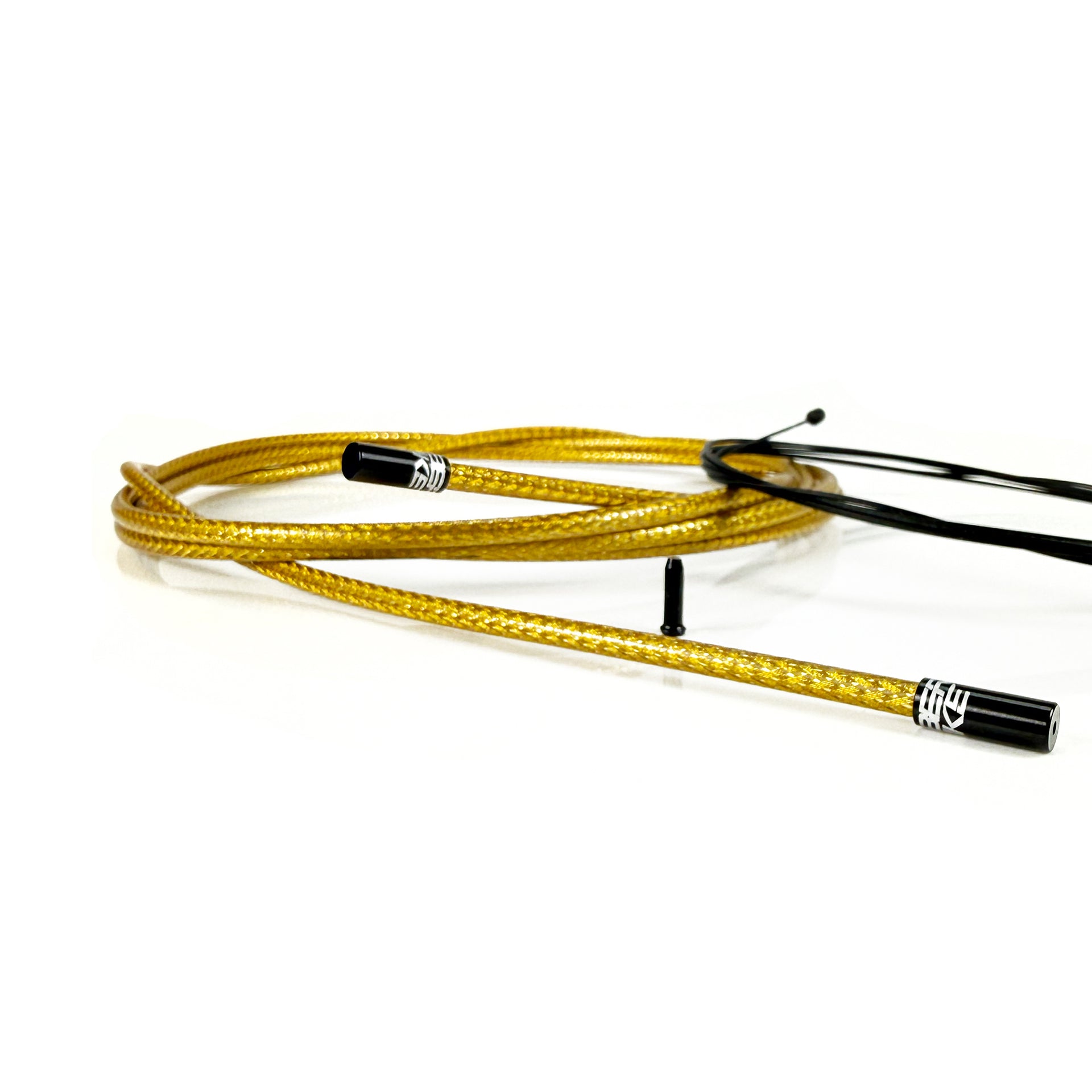 gold braid road gear cable with black sealed ferrules on a white background