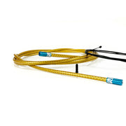 gold braid road gear cable with blue sealed ferrules on a white background