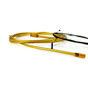 gold braid road gear cable with gold sealed ferrules on a white background