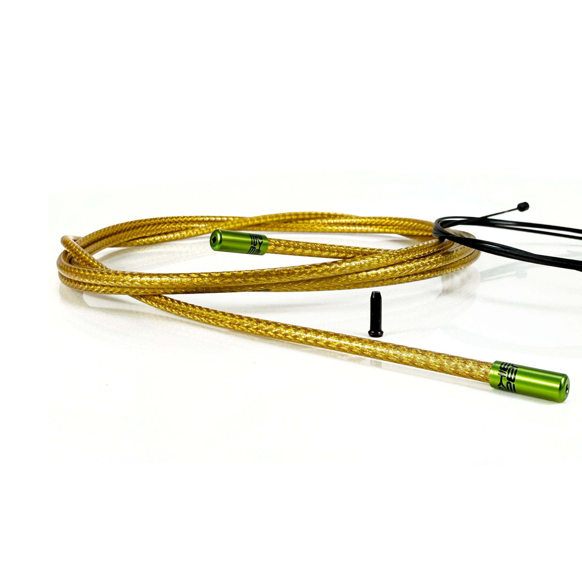gold braid road gear cable with green sealed ferrules on a white background