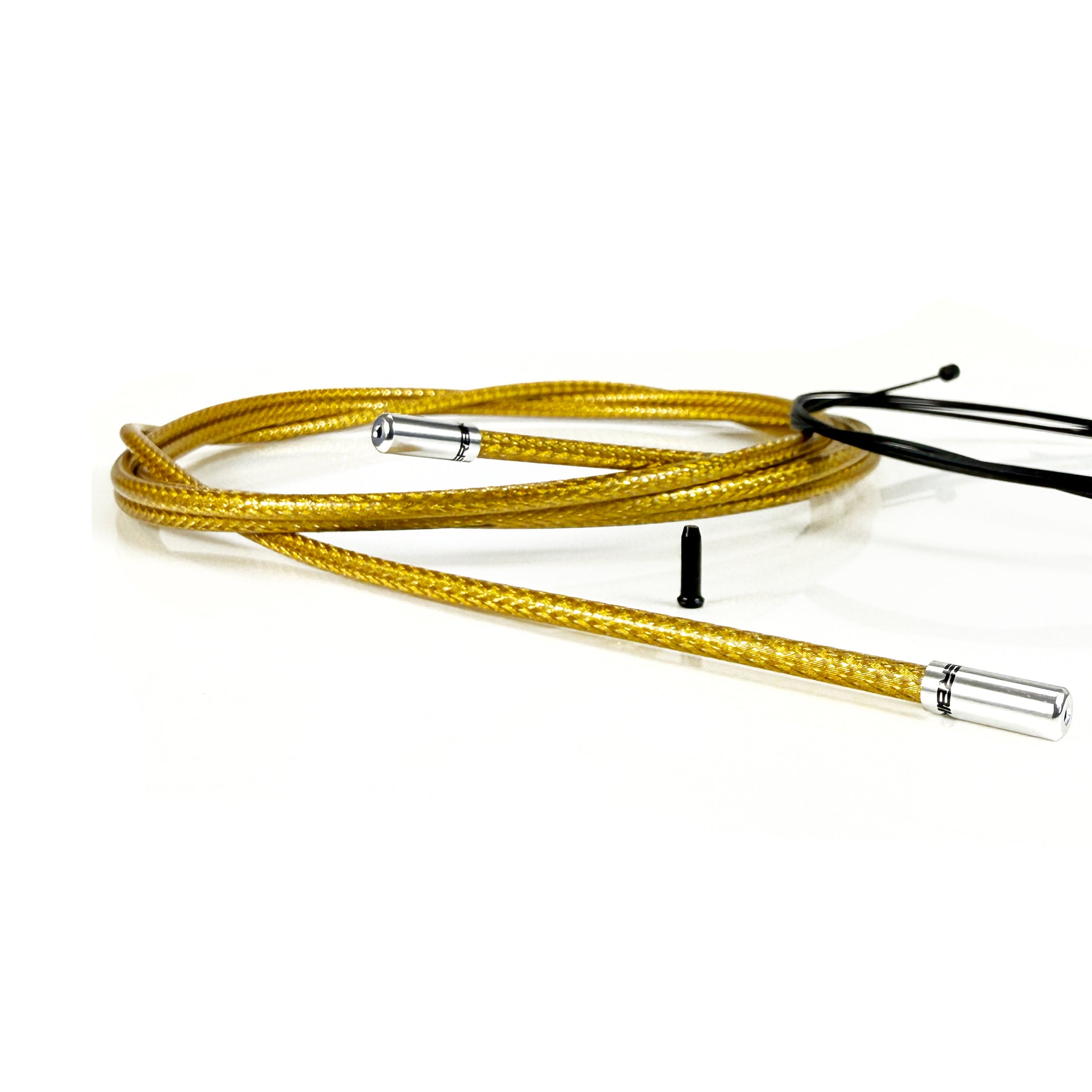 gold braid road gear cable with silver sealed ferrules on a white background