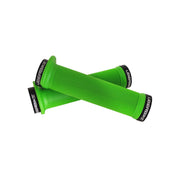 2 green flange mountain bike grips with black lockrings and uberbike branding on a white background