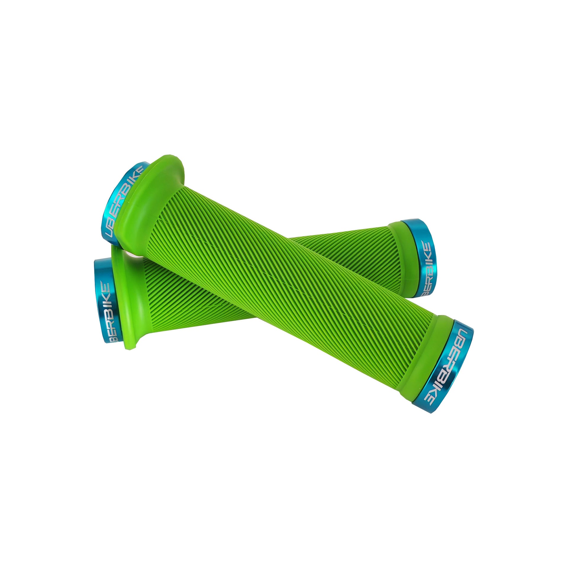2 green flange mountain bike grips with blue lockrings and uberbike branding on a white background