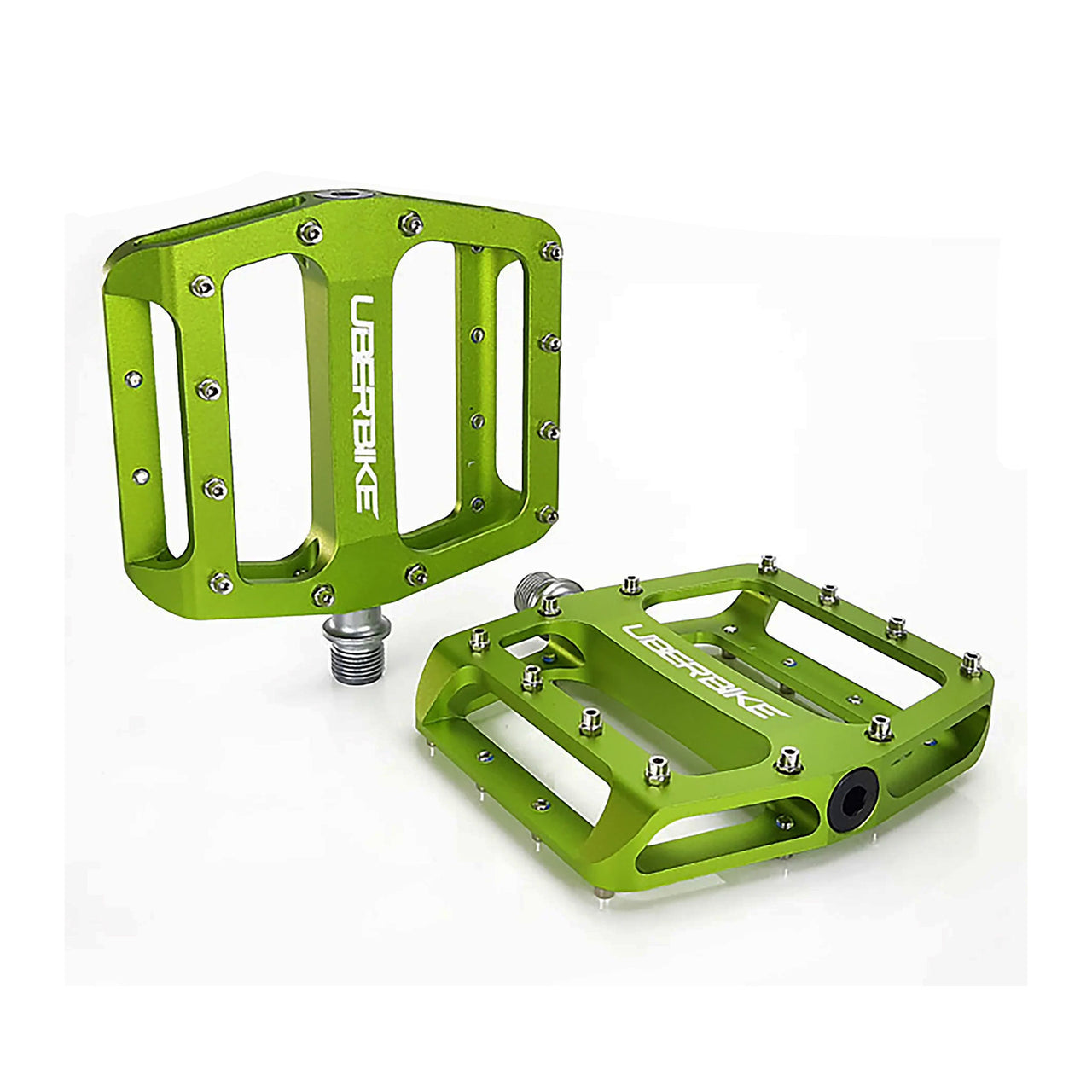 green flatout mtb pedals with Uberbike branding on a white background