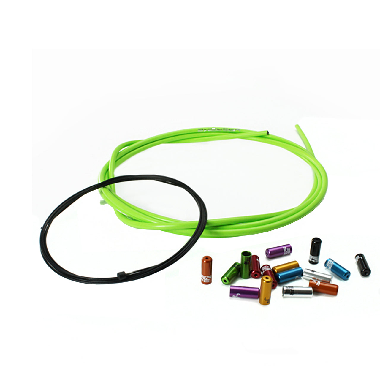 green gear cable with several different coloured sealed ferrules on a white background