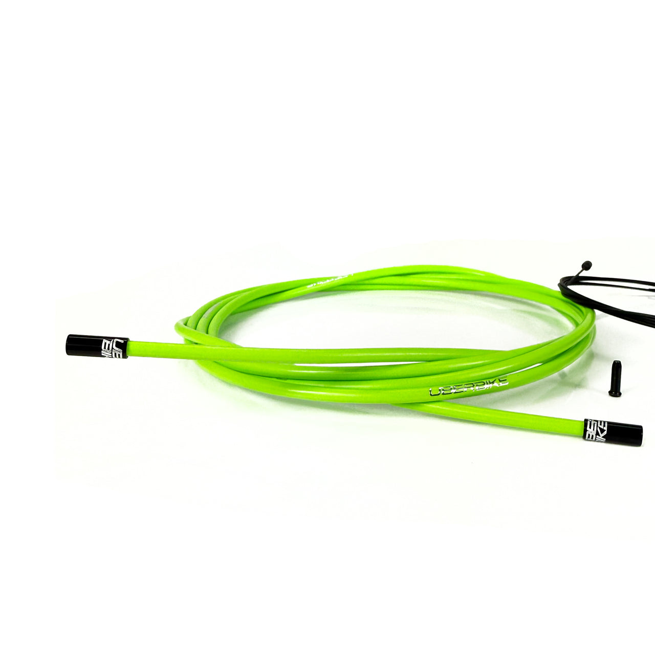 green gear cable with black sealed ferrules on a white background