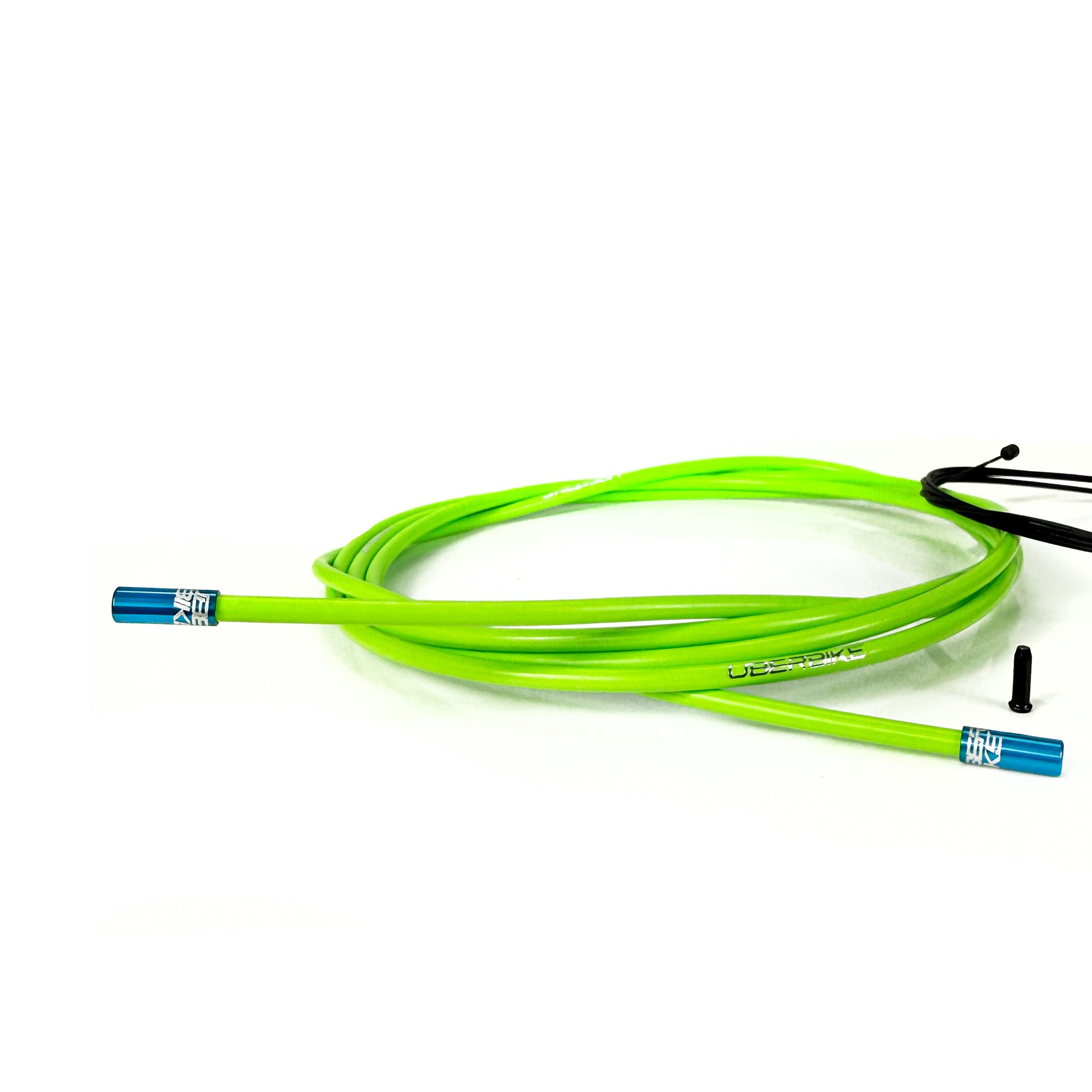 green gear cable with blue sealed ferrules on a white background