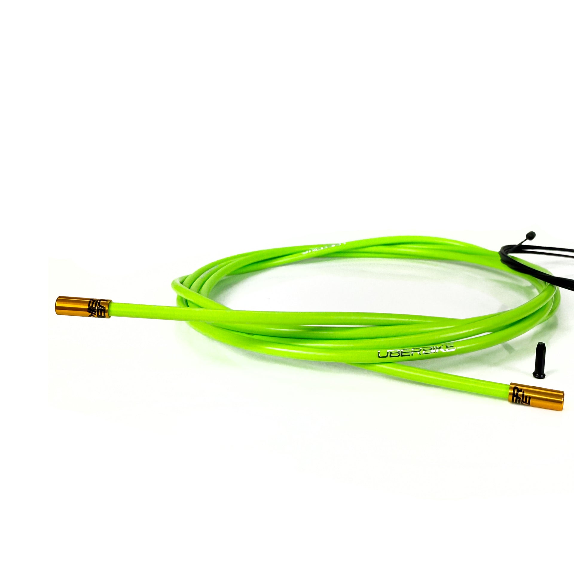 green gear cable with gold sealed ferrules on a white background