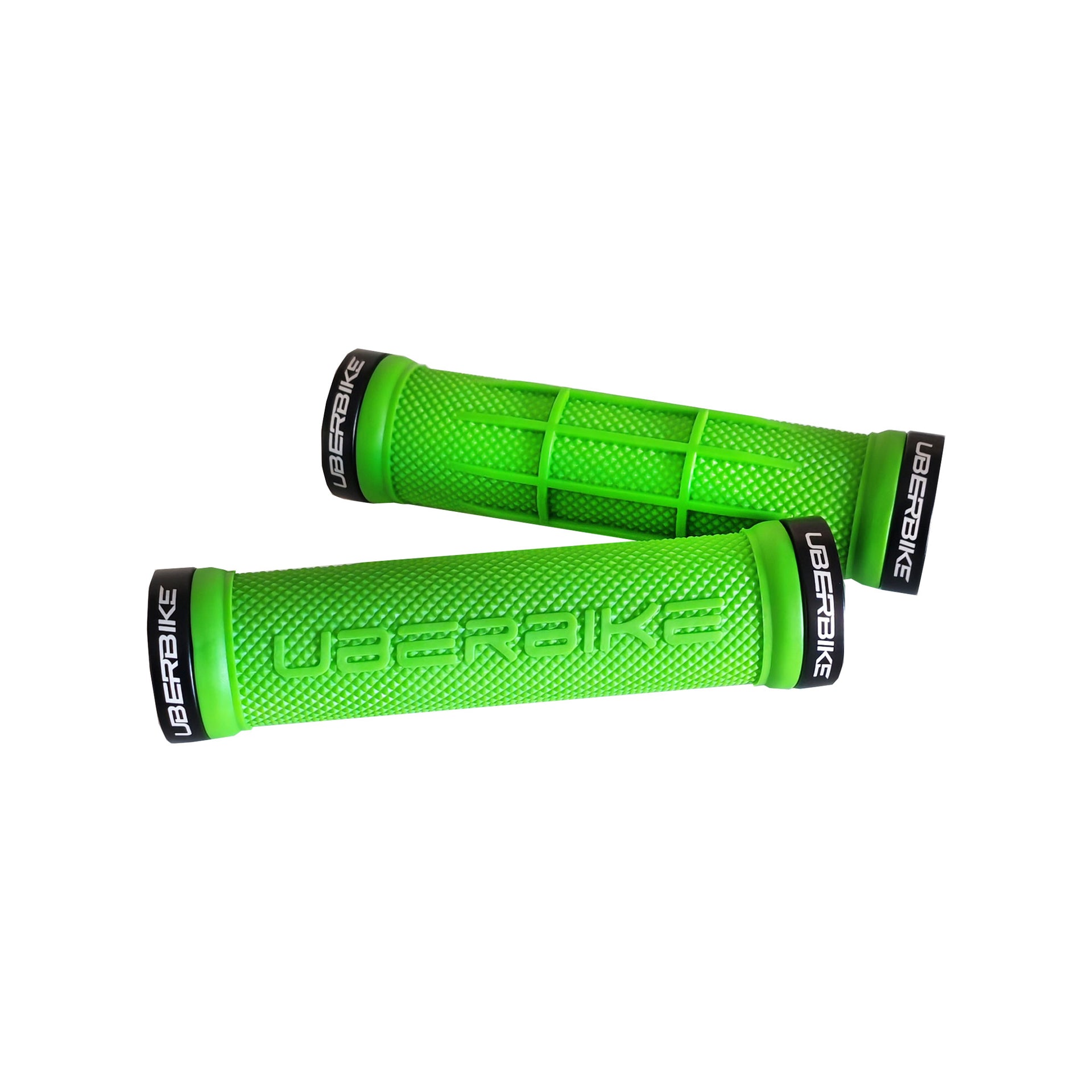 2 green half waffle mountain bike grips with black lockrings and uberbike branding on a white background