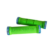 2 green half waffle mountain bike grips with blue lockrings and uberbike branding on a white background