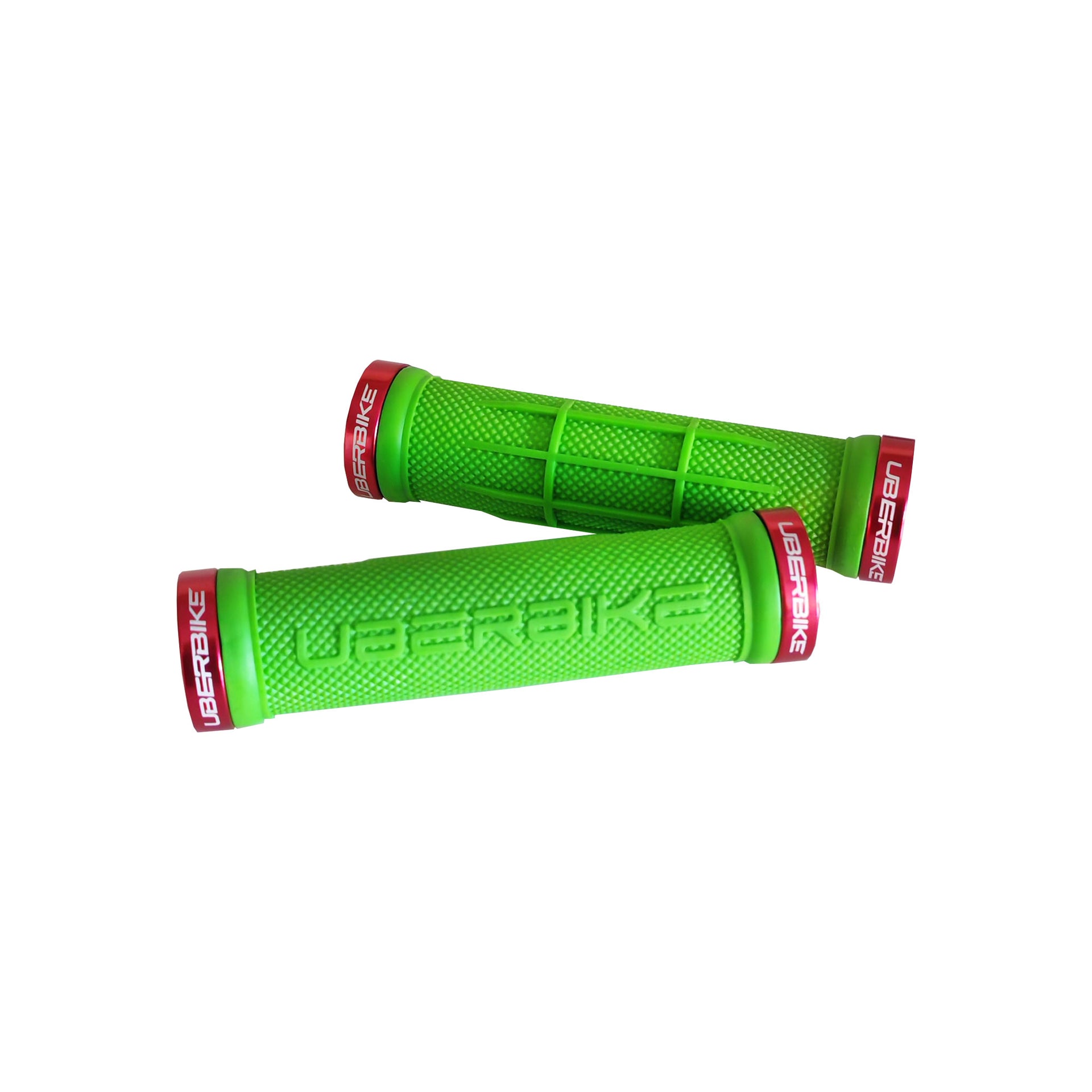 2 green half waffle mountain bike grips with red lockrings and uberbike branding on a white background