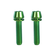 2 green m6x25 taperhead  titanium bolts on a white background