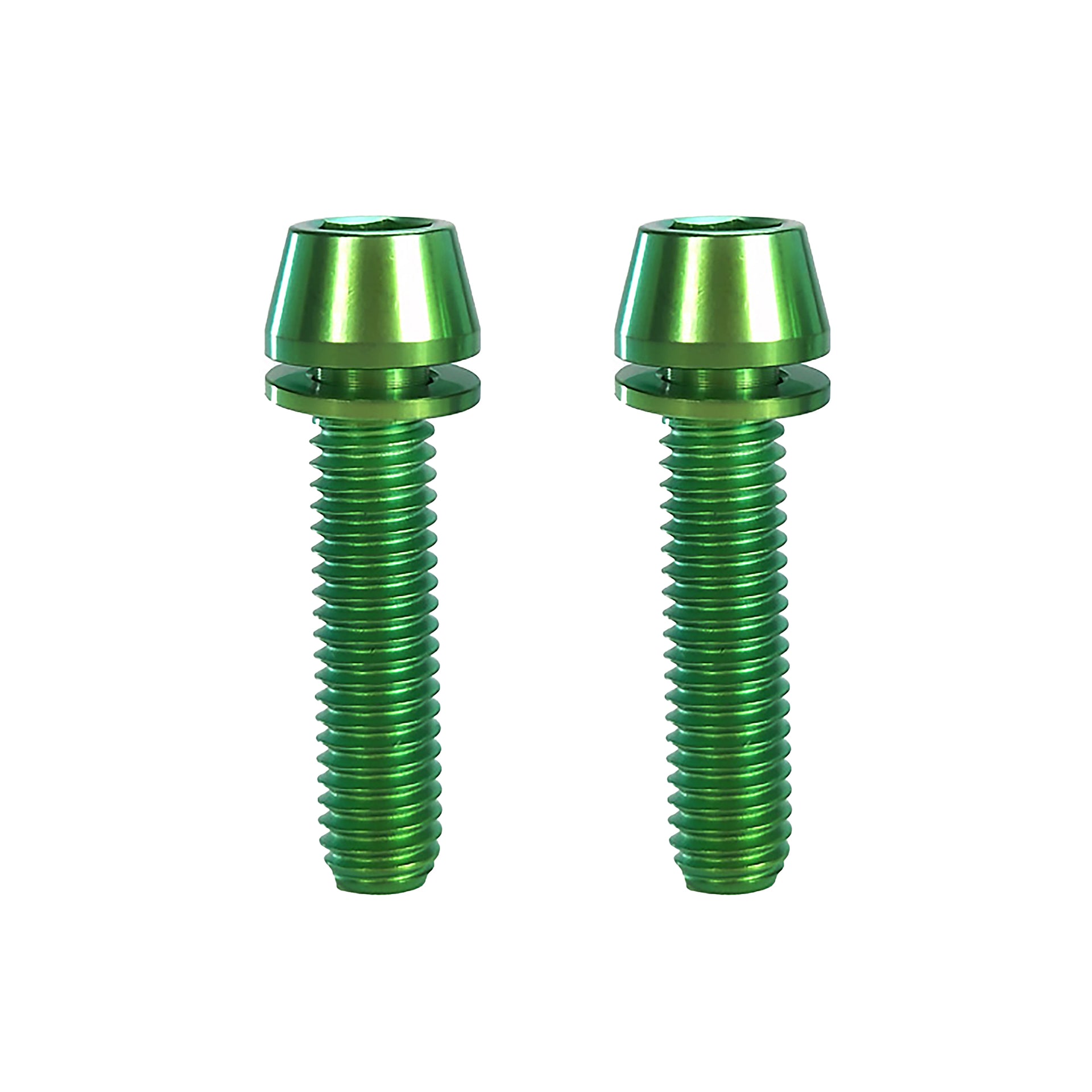 2 green m6x25 taperhead  titanium bolts on a white background