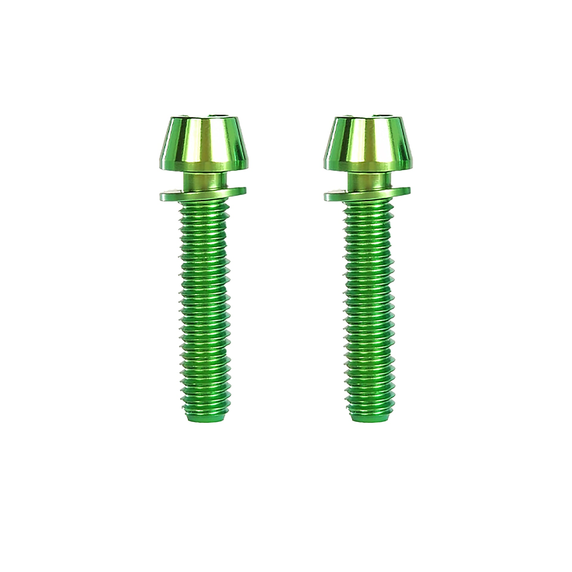 2 green m6x28mm taperhead titanium bolts on a white background