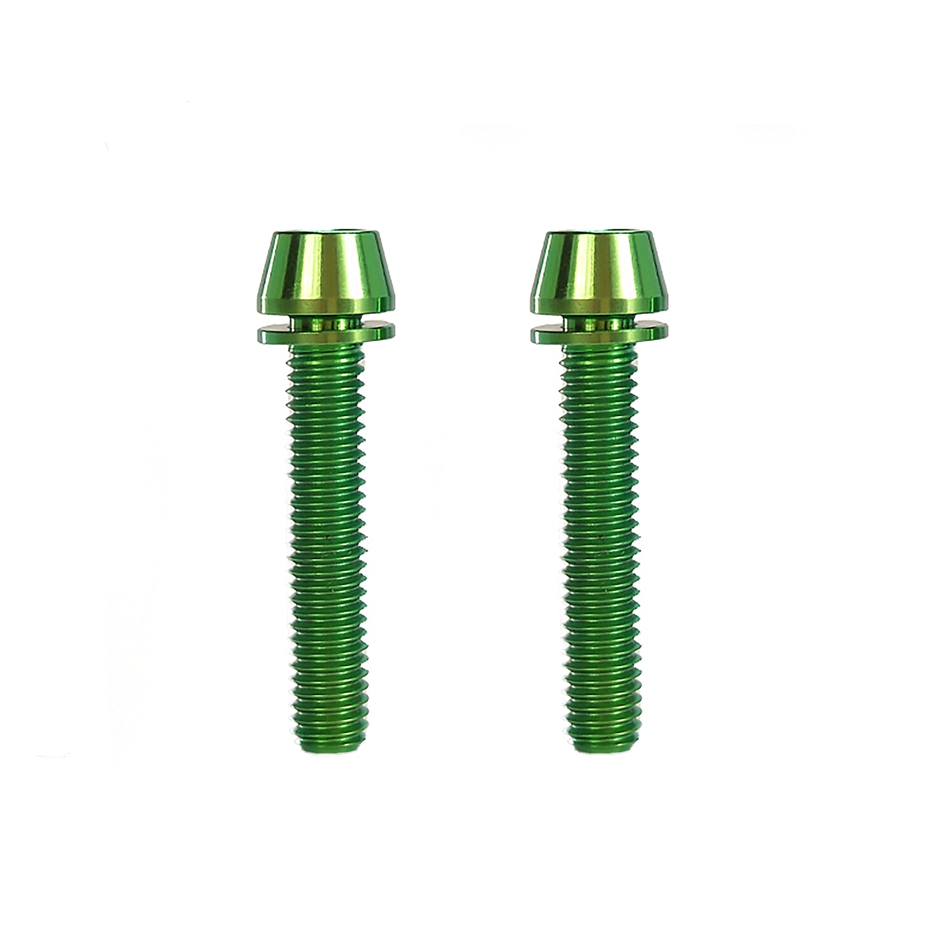 2 green m6x32 taperhead  titanium bolts on a white background