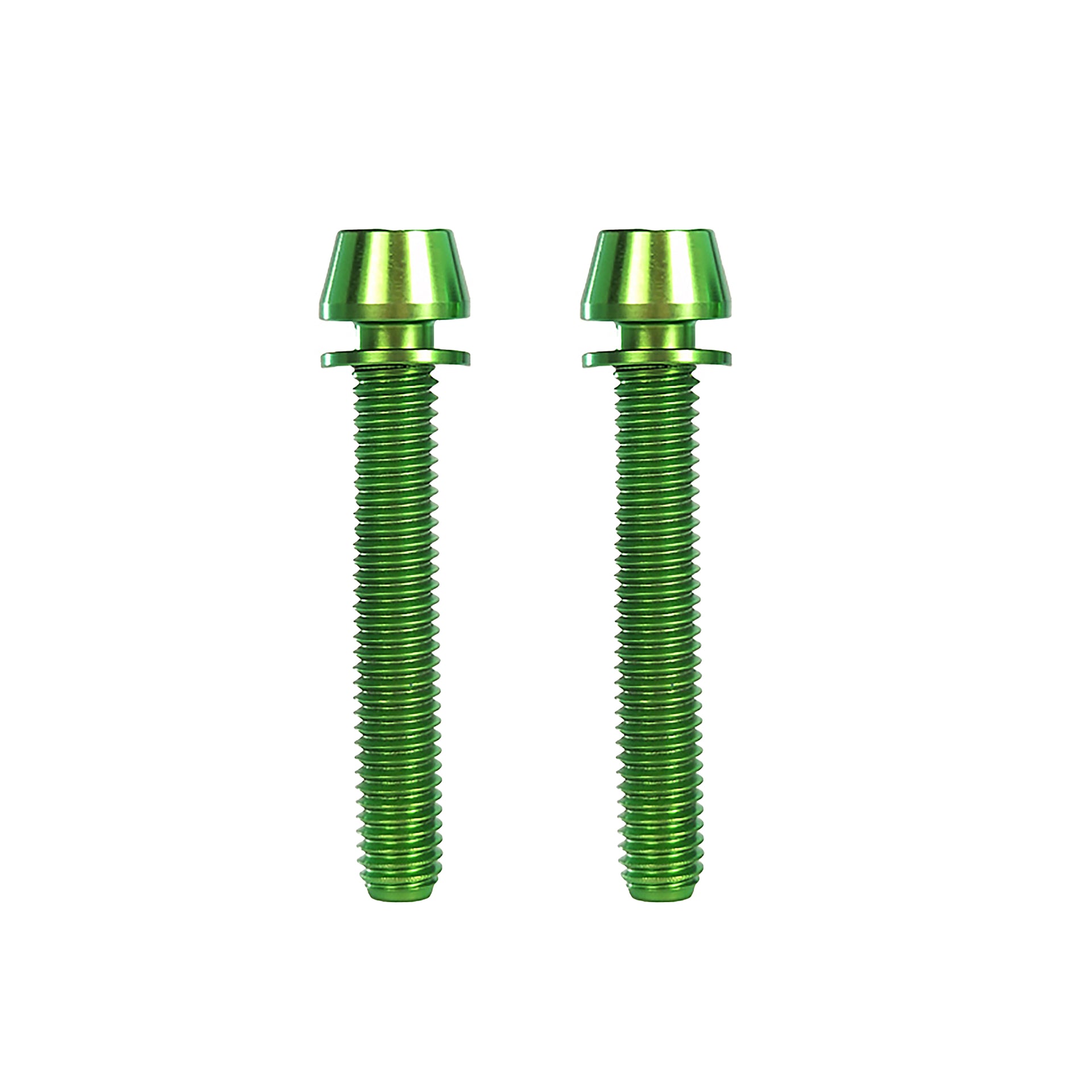 2 green m6x38mm taperhead  titanium bolts on a white background