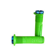 2 green mushroom mountain bike grips with blue lockrings and uberbike branding on a white background