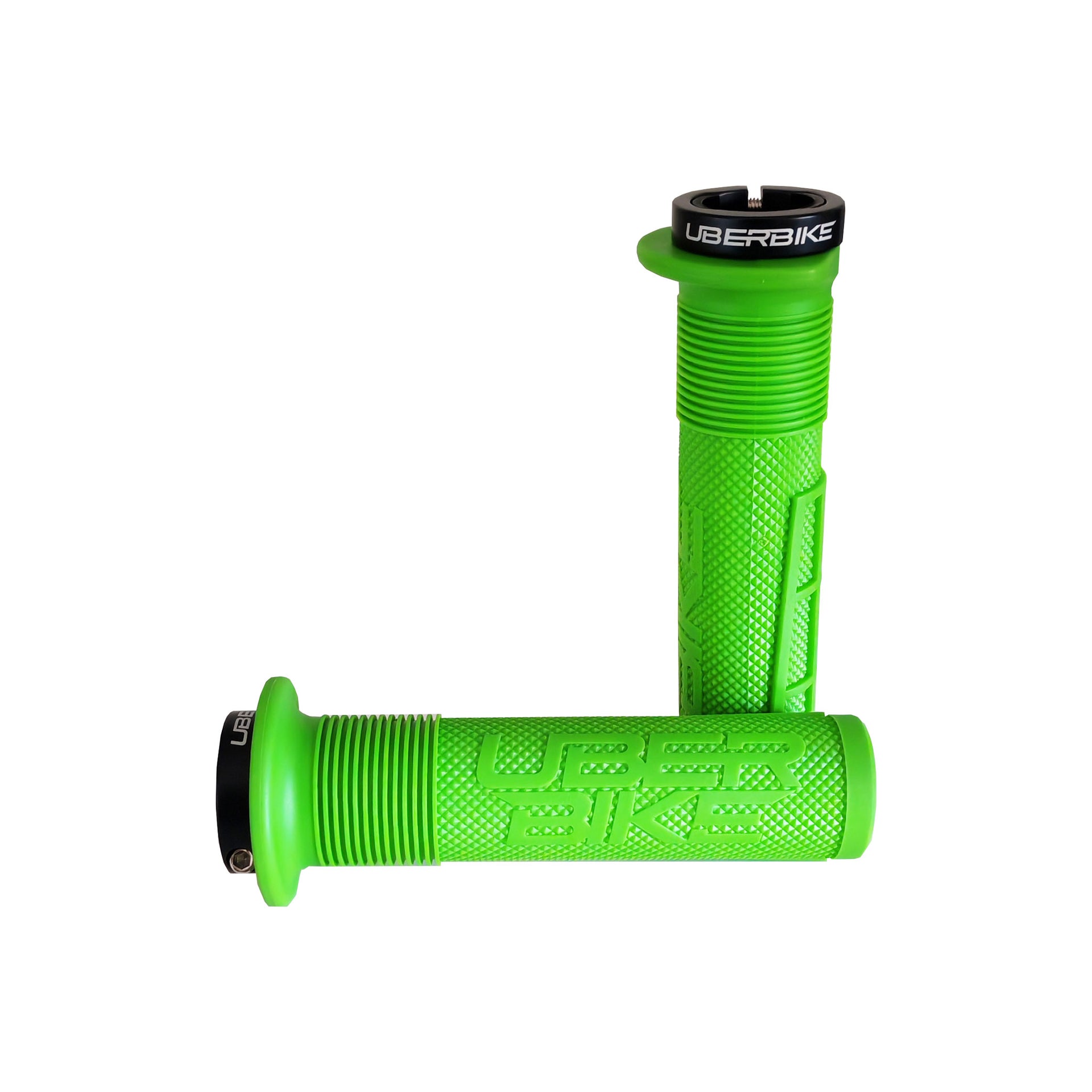 2 green mushroom mountain bike grips with black lockrings and uberbike branding on a white background