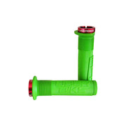 2 green mushroom mountain bike grips with red lockrings and uberbike branding on a white background