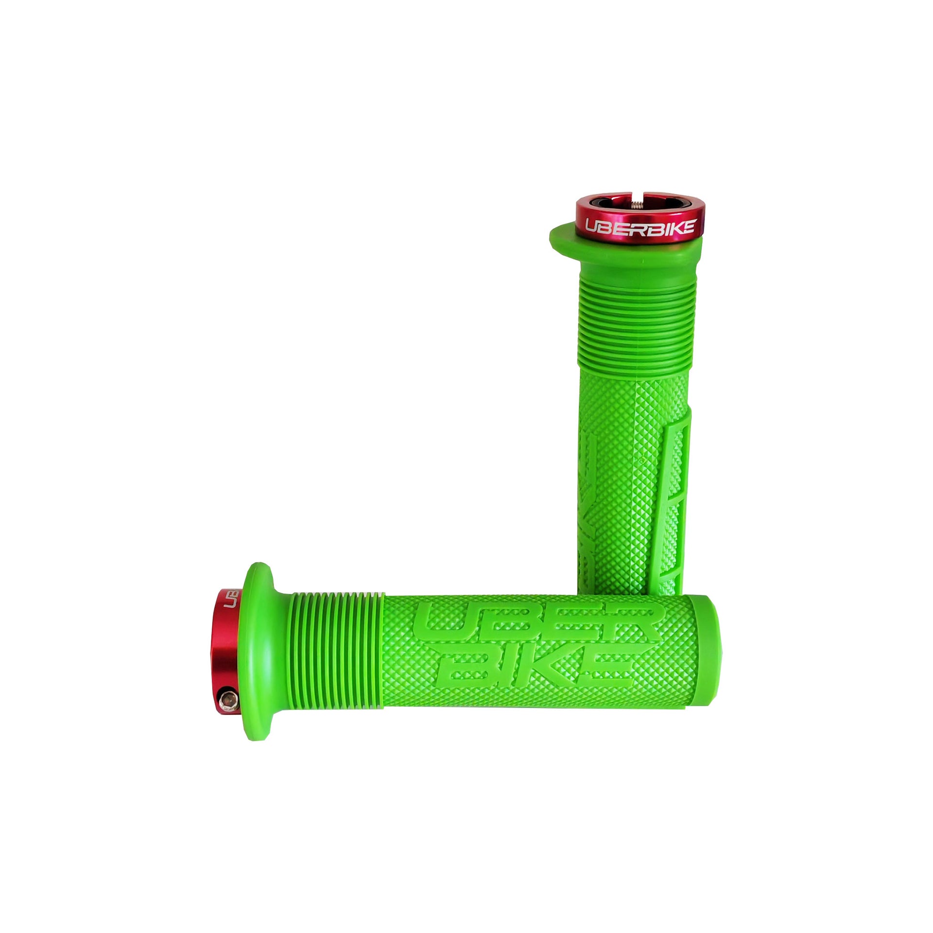 2 green mushroom mountain bike grips with red lockrings and uberbike branding on a white background