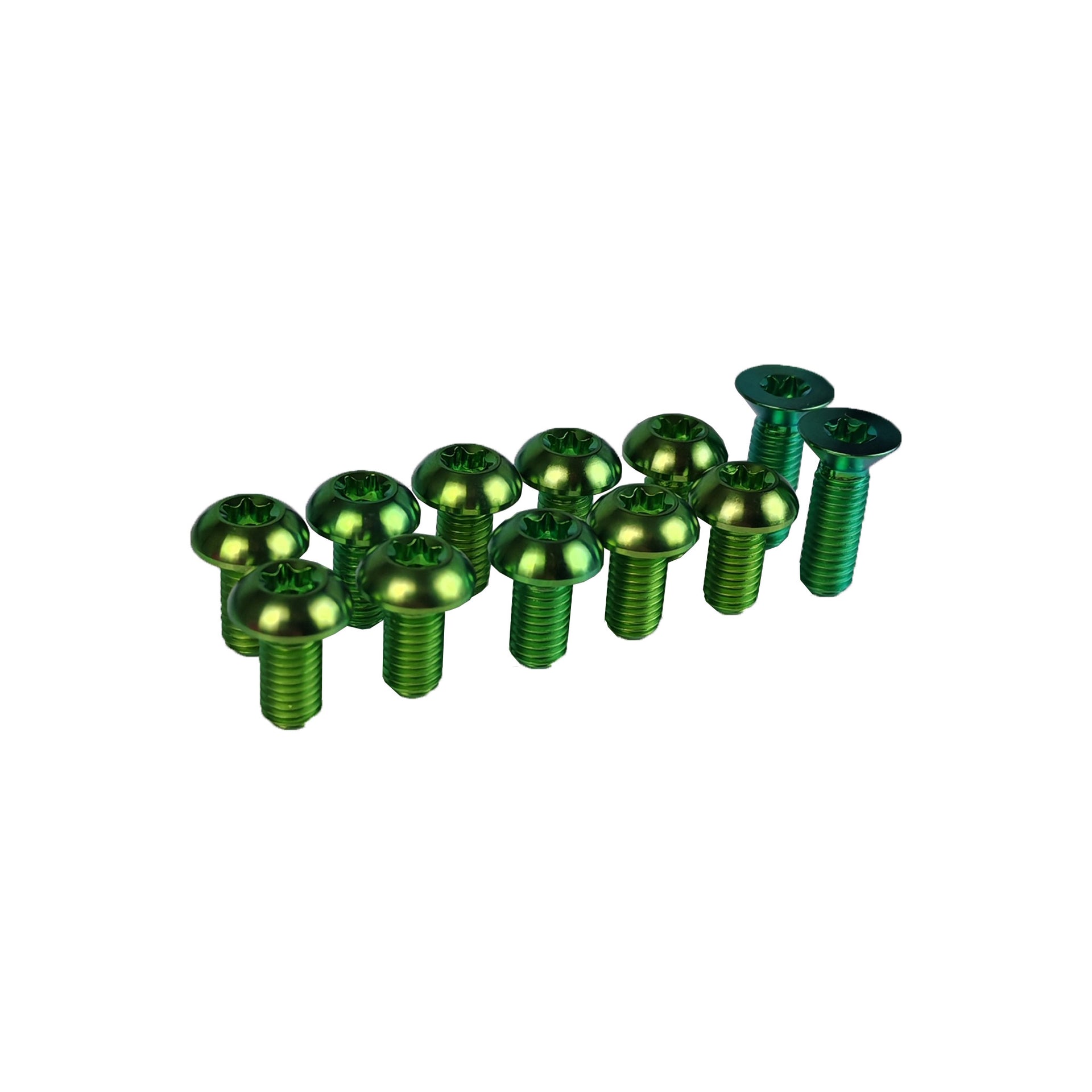 12 green rotor bolts for a levo set up on a white background