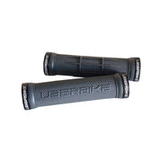 2 grey half waffle mountain bike grips with black lockrings and uberbike branding on a white background