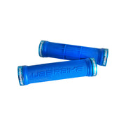 2 blue half waffle mountain bike grips with blue lockrings and uberbike branding on a white background