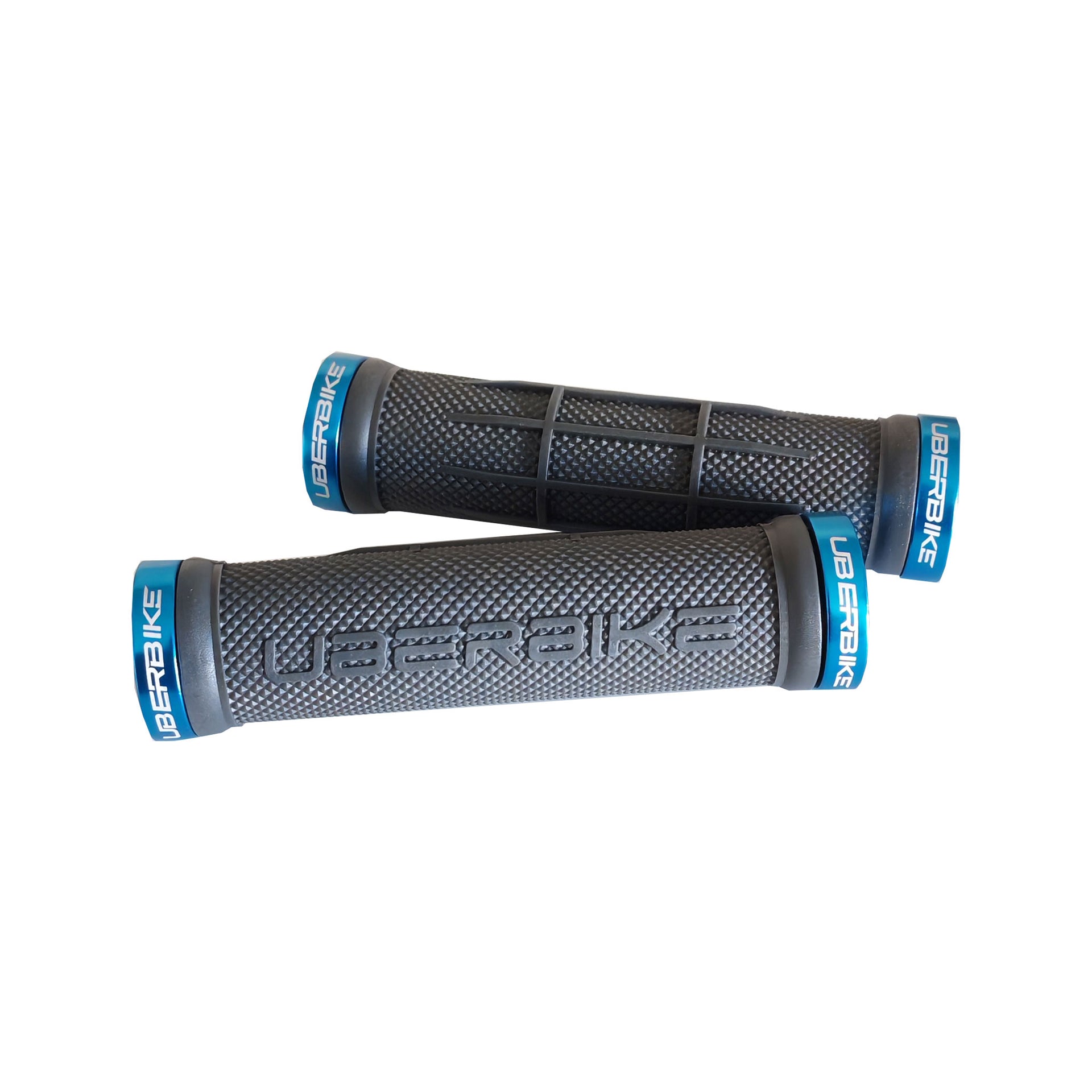2 grey half waffle mountain bike grips with blue lockrings and uberbike branding on a white background