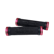 2 black half waffle grip mountain bike grips with uberbike branding and red lockrings on a white background