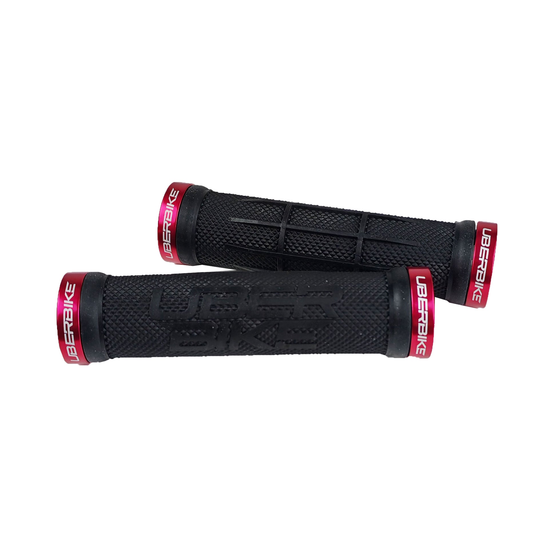 2 black half waffle grip mountain bike grips with uberbike branding and red lockrings on a white background