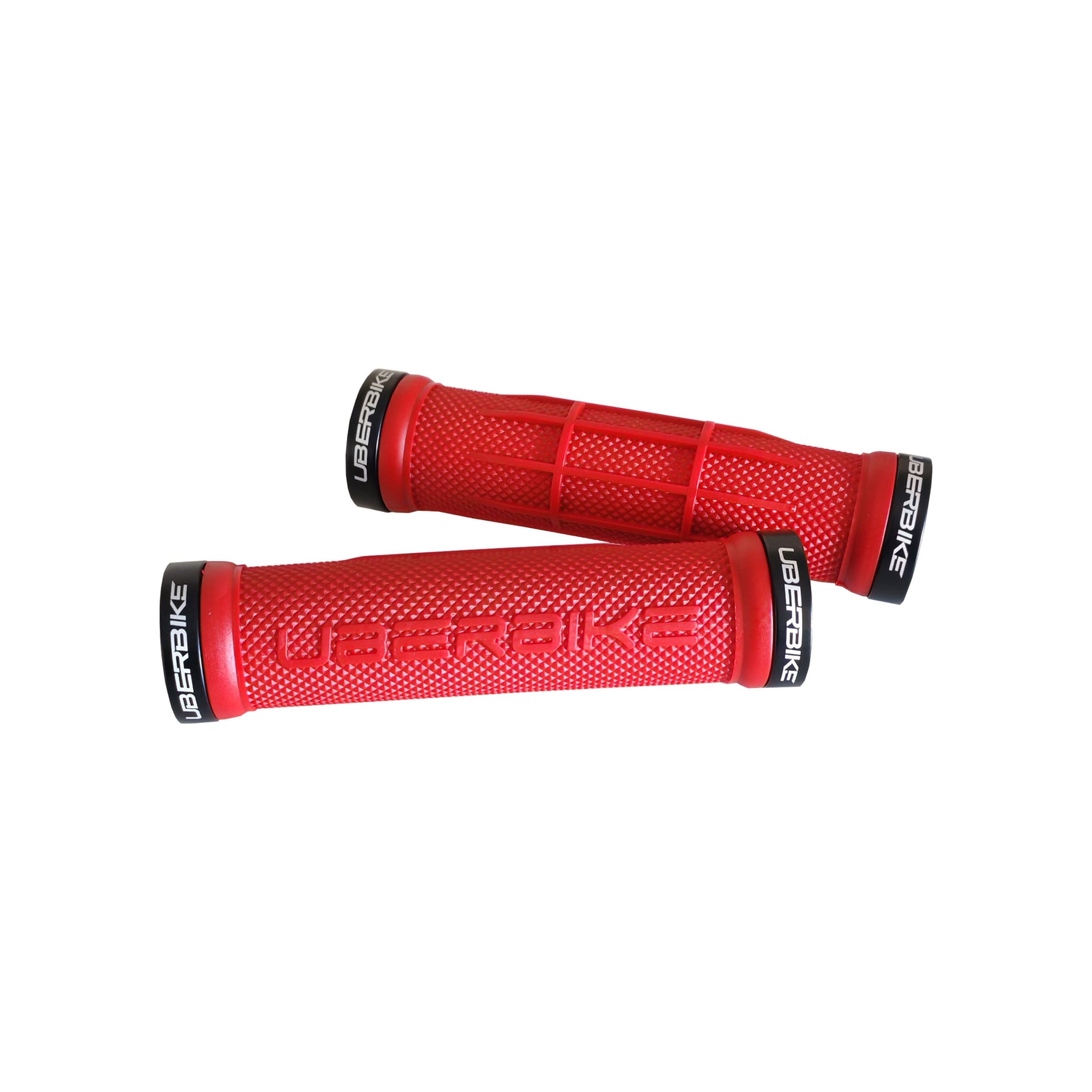 2 red half waffle mountain bike grips with black lockrings and uberbike branding on a white background