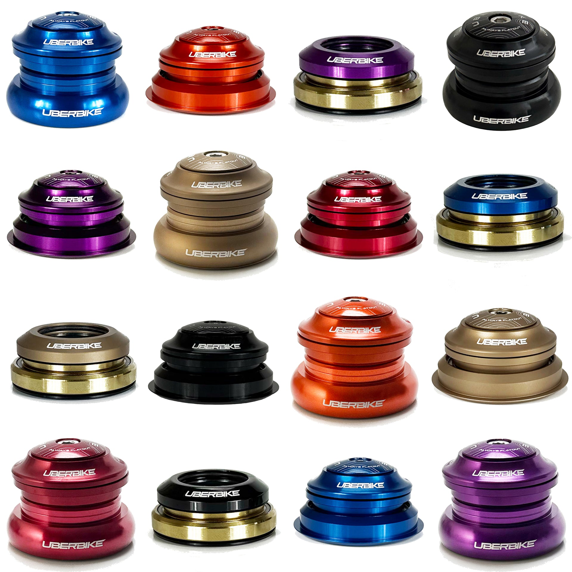 A variety of different headset sizes and colours with Uberbike branding on a white background