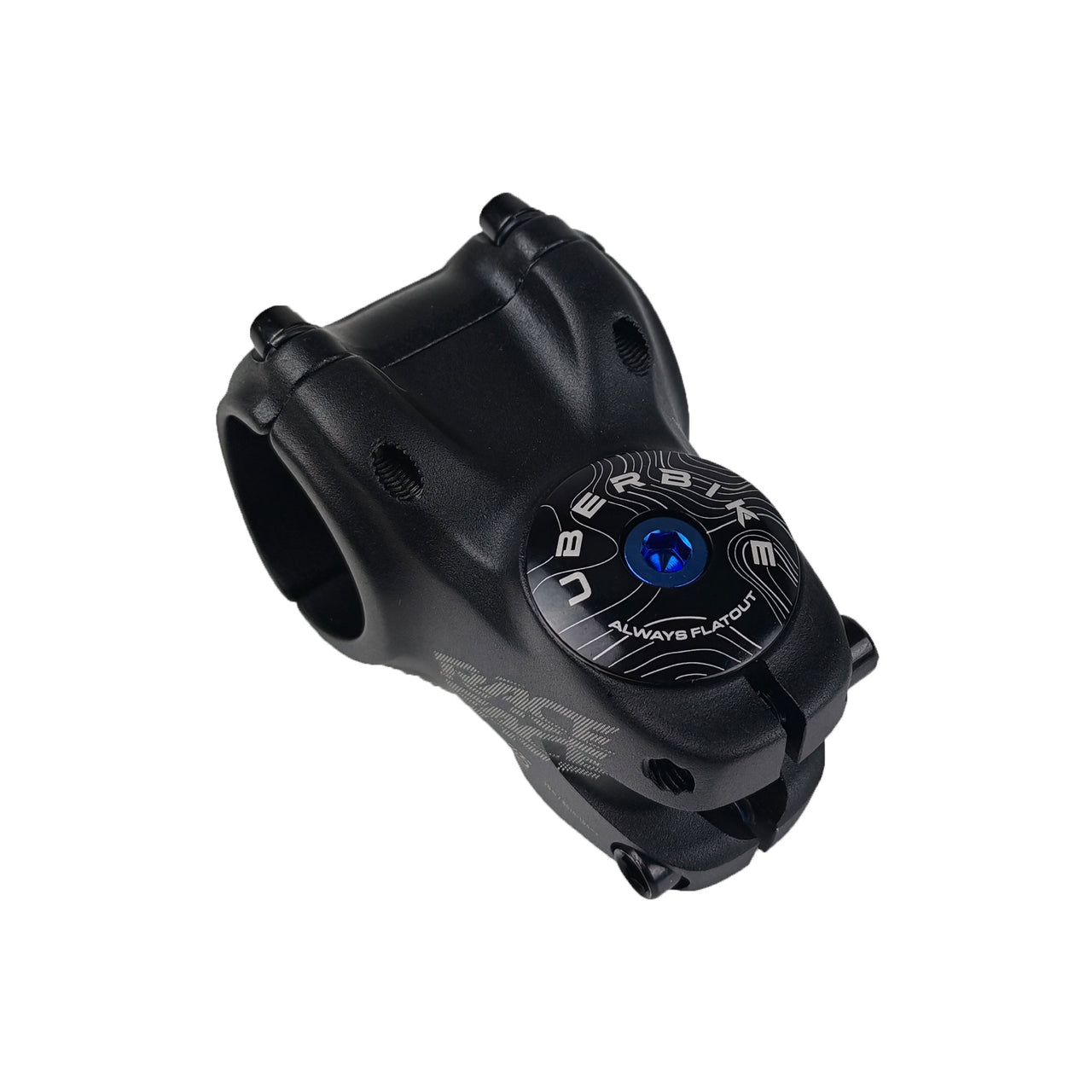 black headset top cap with a blue bolt with uberbike branding on a white background