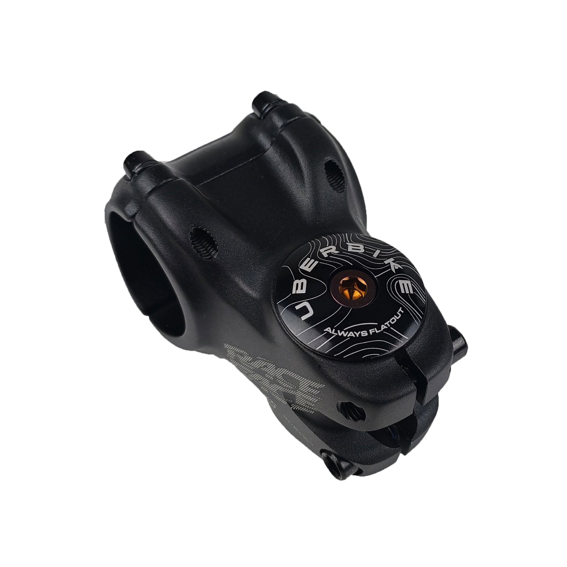 black headset top cap with a bronze bolt with uberbike branding on a white background